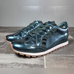 TORY BURCH SPORT RUFFLE GREEN METALLIC LEATHER SNEAKERS.